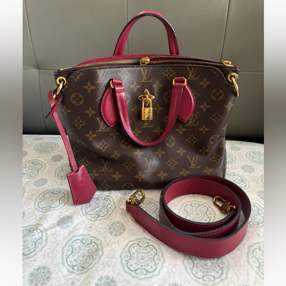 Authentic Louis Vuitton Brown and Fuschia Monogram Satchel with Matching Wallet
